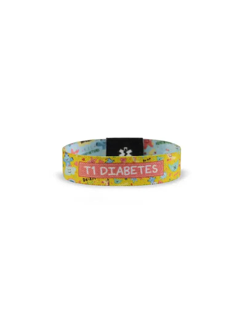 Reversible Type 1 Diabetes awareness wristband for children with colorful design.