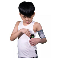 Child wearing Dia-T.Top Kids tank top with integrated insulin pump pocket.