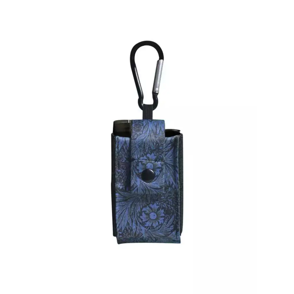 Pouch for insulin pump with carabiner and floral print design.