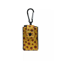 Universal pouch for insulin pump with carabiner, sunflower pattern, compact design.